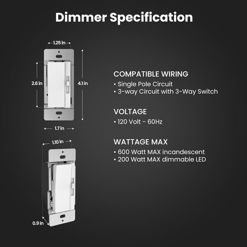 Feit Electric Paddle Dimmer Switch for Dimmable LED Light Bulbs, Single Pole or 3-Way Toggle Light Switch, Wall Plate and Wire Nut Installation Included, DIM/Paddle/2, 2 Pack - Image 3